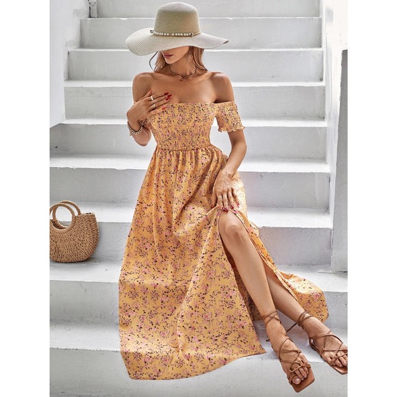 Off the Shoulder Floral High Slit maxi Dress black boho - Picture 10 of 11